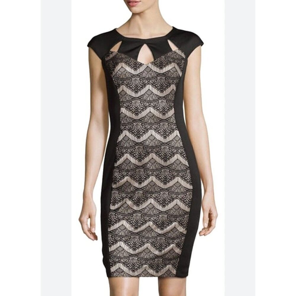 JAX Black and Beige Lace Illusion Sheath Cocktail Dress Size 4
